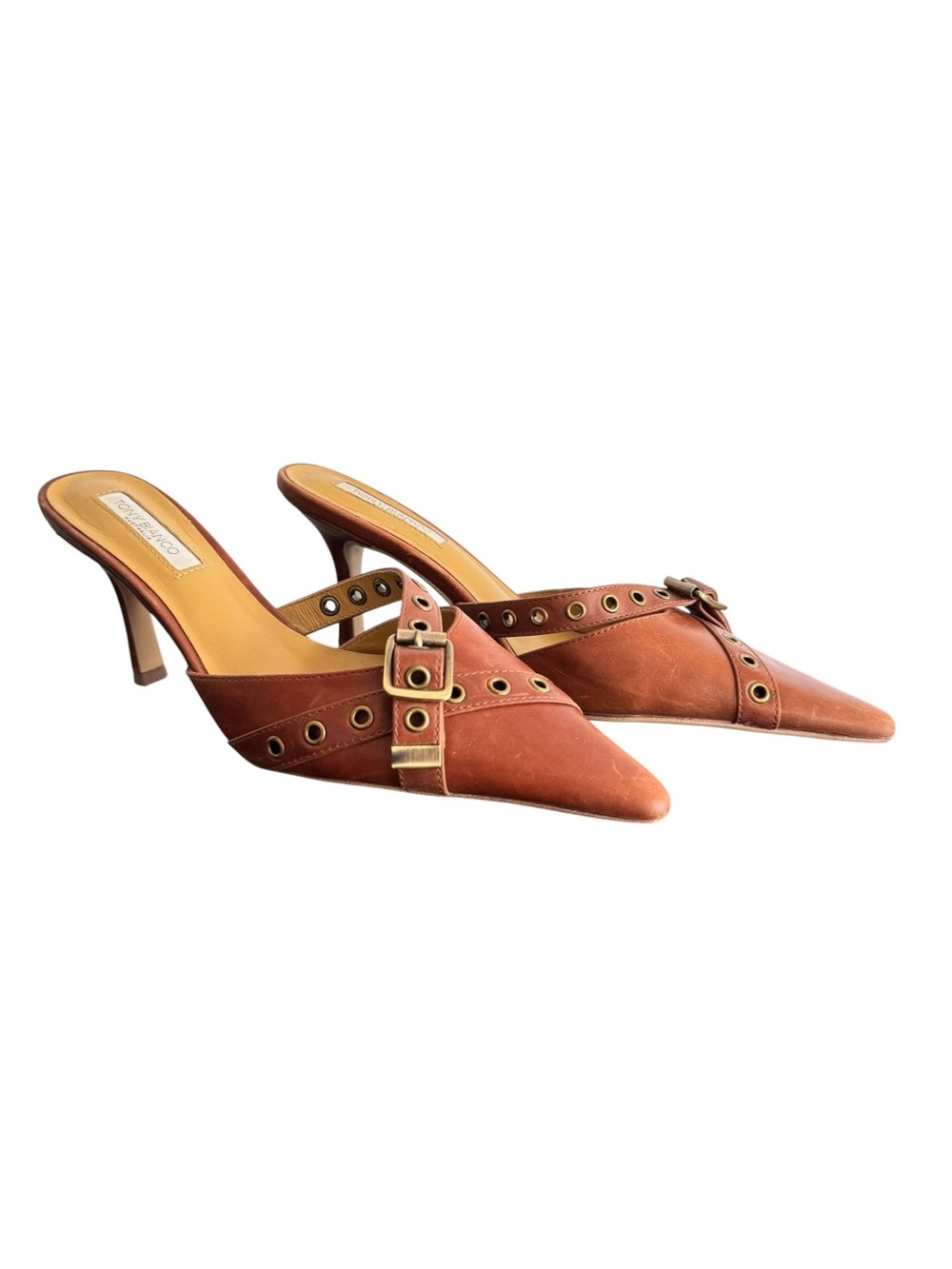 Tony Bianco Rust Brown Pointed Toe Mule Heels with Gold Buckle